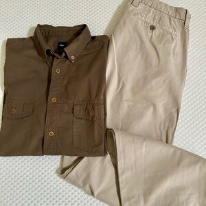 BUNDLED🐣Gap men's olive green/brownish shirt L and X2 khaki chinos pants size32.